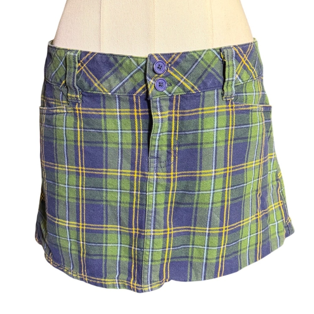 Vintage Abercrombie & Fitch Green Blue Plaid Mini Skirt Size 4 Wool Blend Y2K